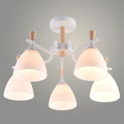 Люстра XA1622/5 WH+WOOD белый+дерево 5х60W E27 d550 h340, HN25